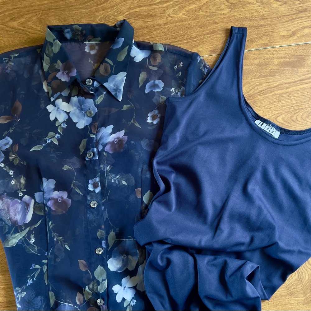 Vintage EnFocus Studio Navy Blue Floral Print Sheer Maxi Shirt Dress Set Size 6 - Picture 14 of 14